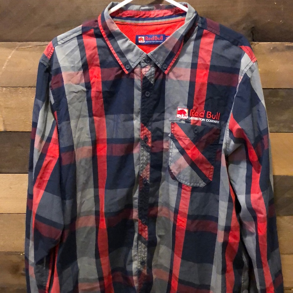 Red Bull Shirt Mens 2XL Red Blue Plaid Button Down Distribution Stretch